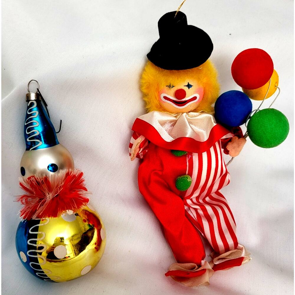 VNTG Collectible Russ Clown Doll And Blown Glass Clown Ornament Czechoslovakia